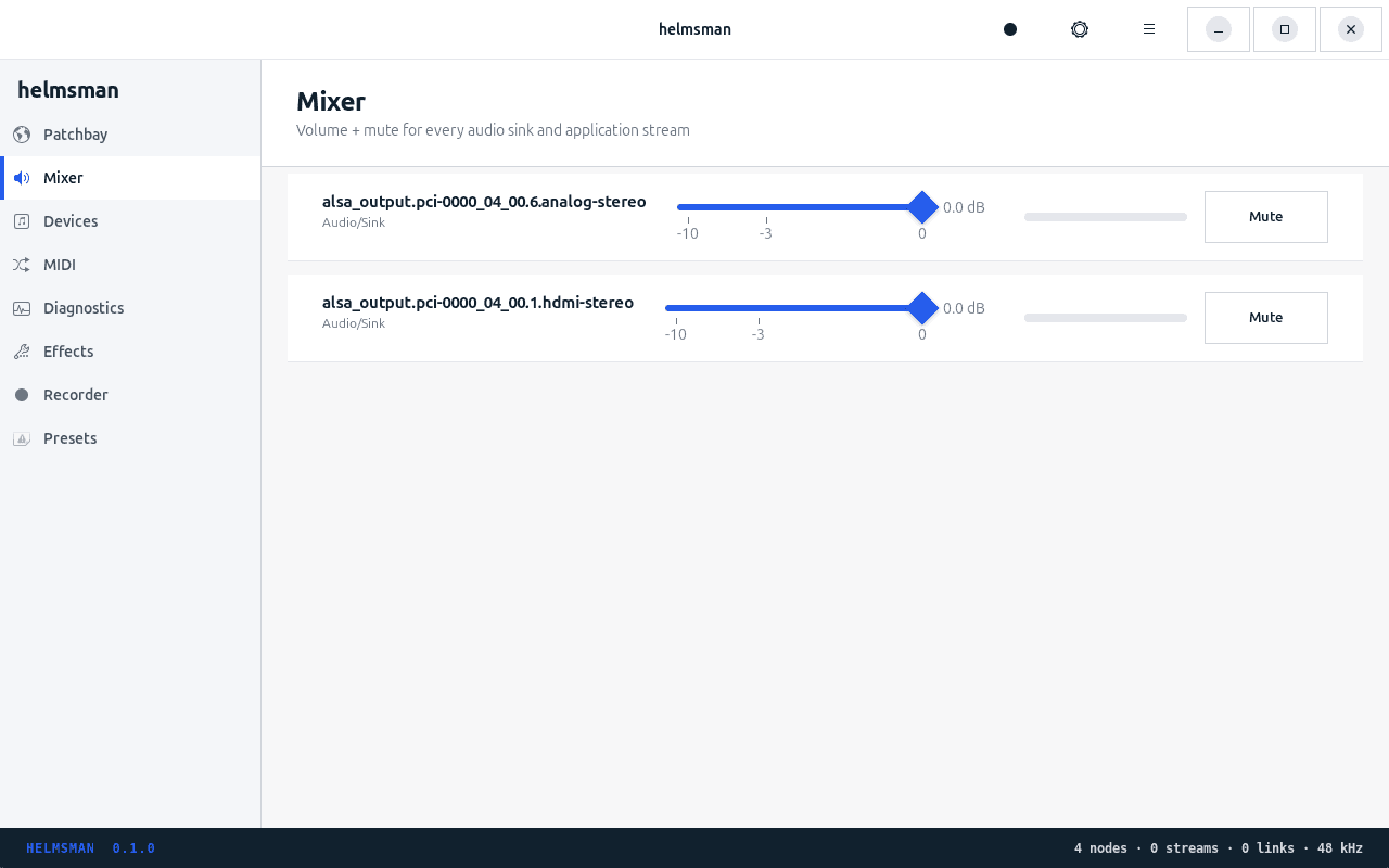 Helmsman mixer — per-app volume sliders for every audio sink