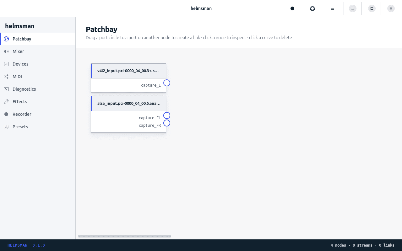 Helmsman patchbay — drag-to-connect canvas of PipeWire nodes
