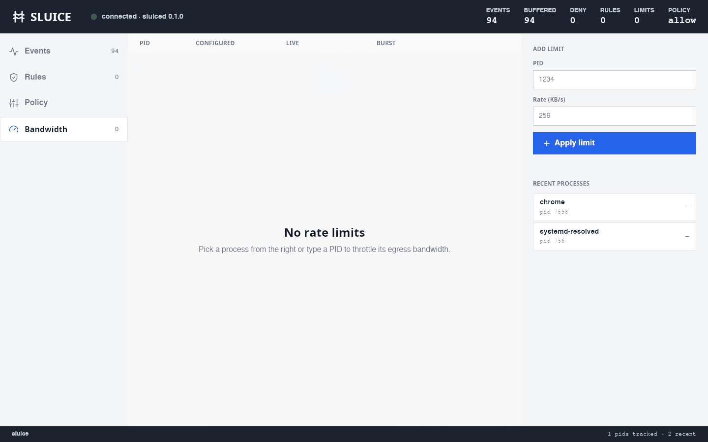 Sluice bandwidth tab — per-process rate limit editor with live event count