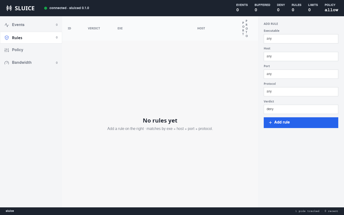 Sluice rules tab — exe / host / port / protocol rule editor