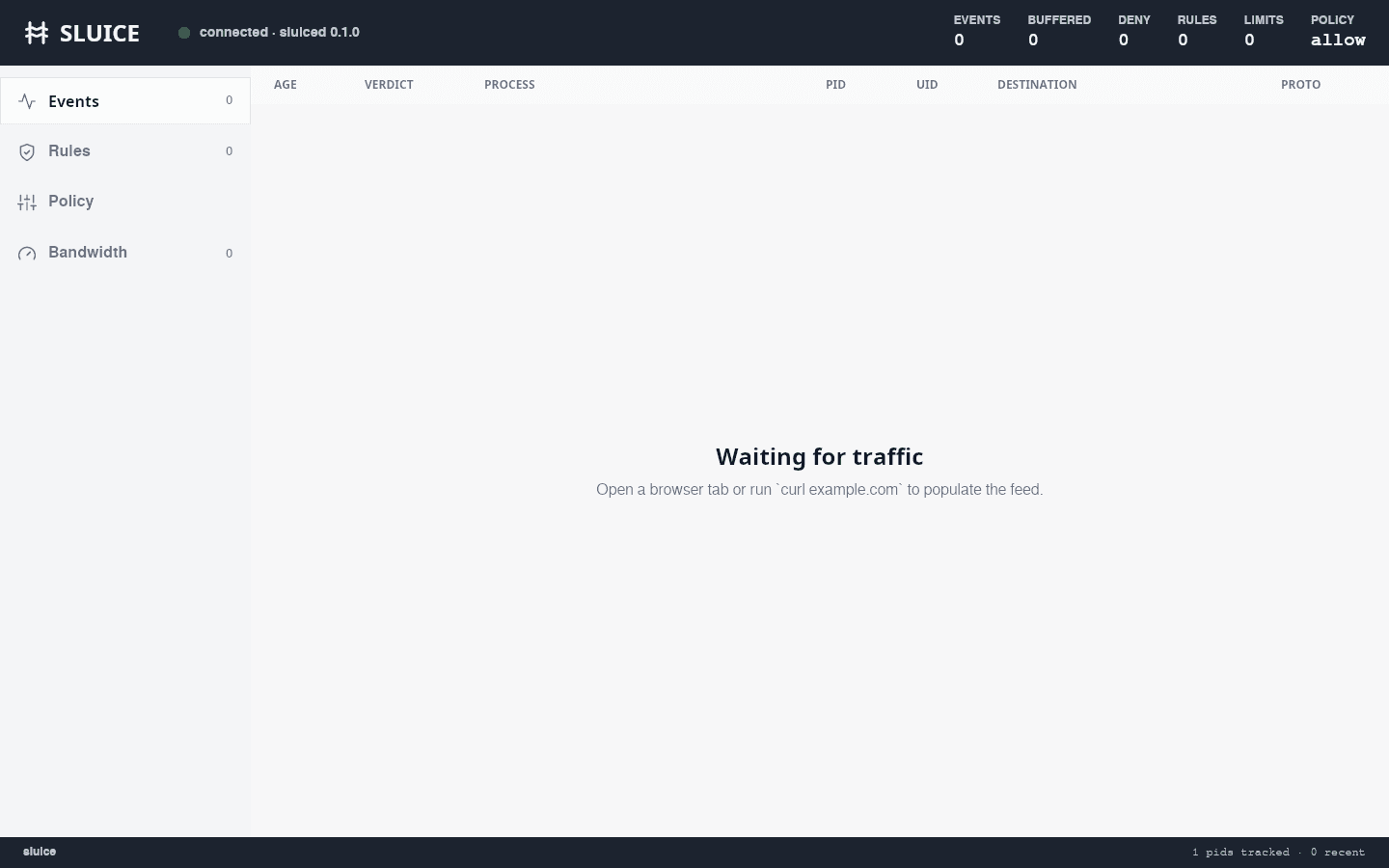 Sluice events feed — live outbound connection table