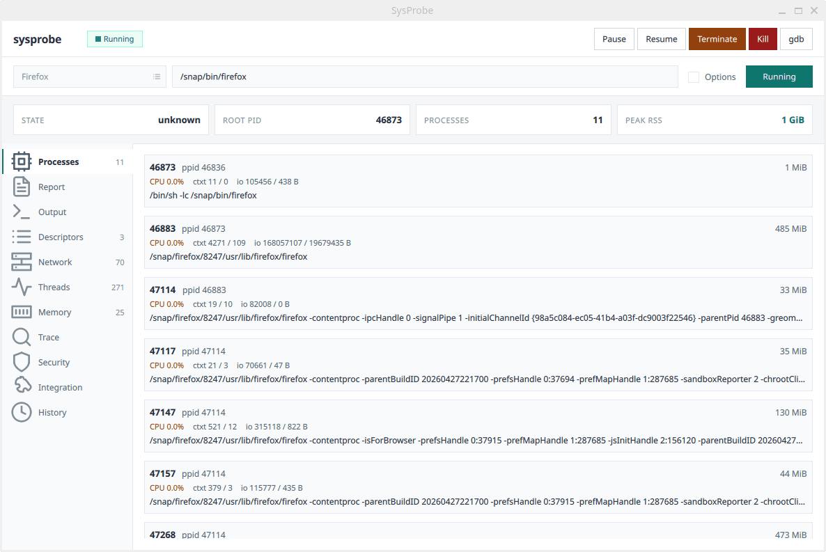 Sysprobe processes tab — live process tree of a running Firefox