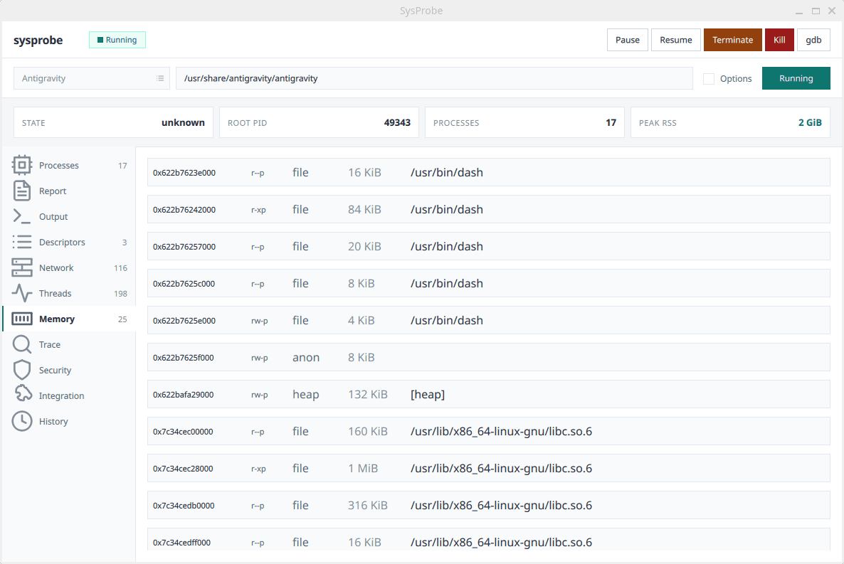 Sysprobe memory tab — classified memory map regions