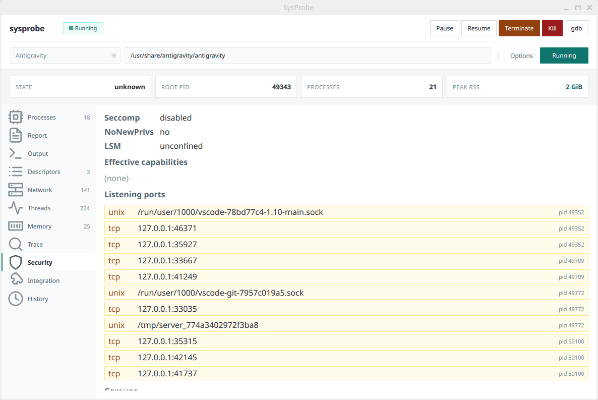 Sysprobe security tab — capabilities, seccomp, listening ports